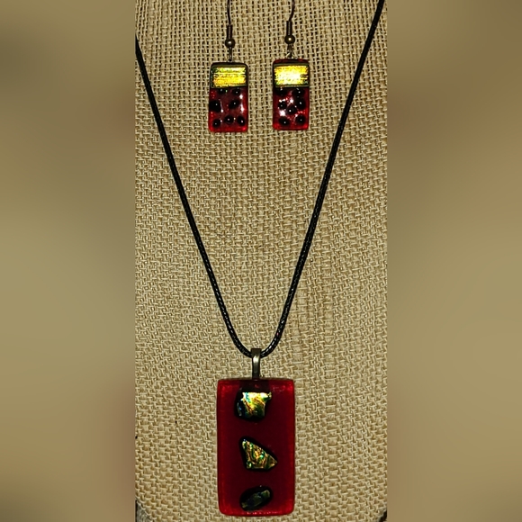 VINTAGE 2 PCS SET FUSED GLASS LAMPWORK PENDANT NECKLACE & EARRINGS - Picture 13 of 16